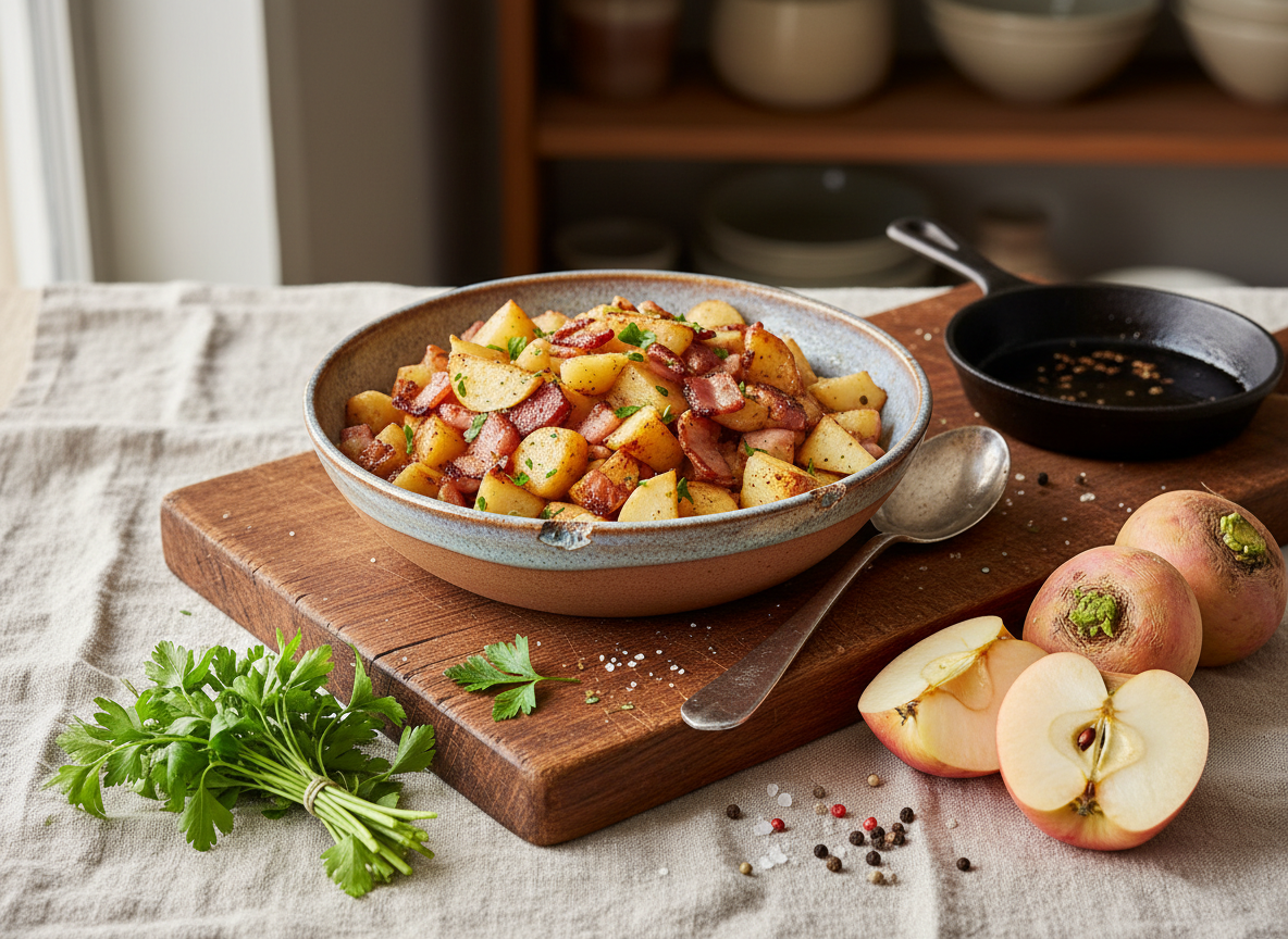 Herbstliche Steckrübenpfanne mit Äpfeln und Speck