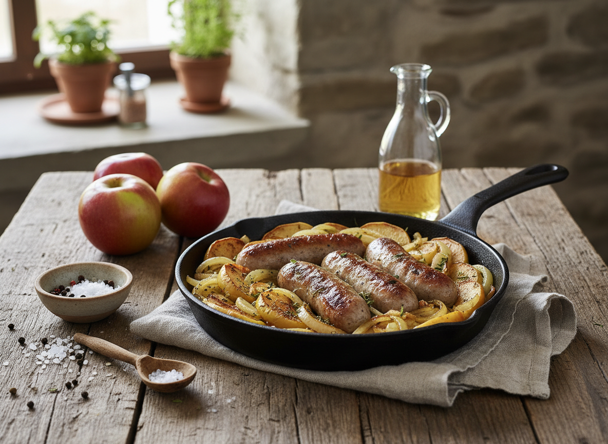 Herbstliche Apfel-Zwiebel-Pfanne mit Bratwurst