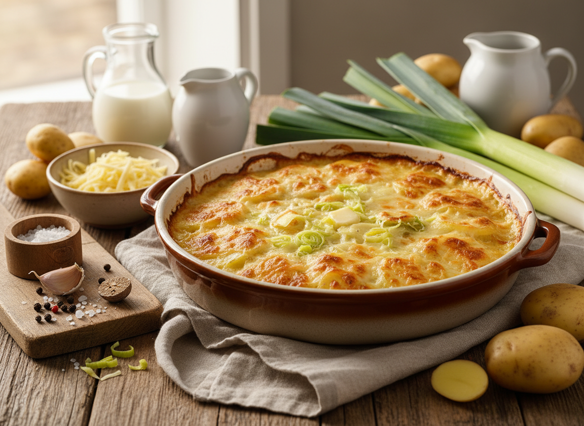 Herbstlicher Kartoffel-Käse-Gratin mit Lauch
