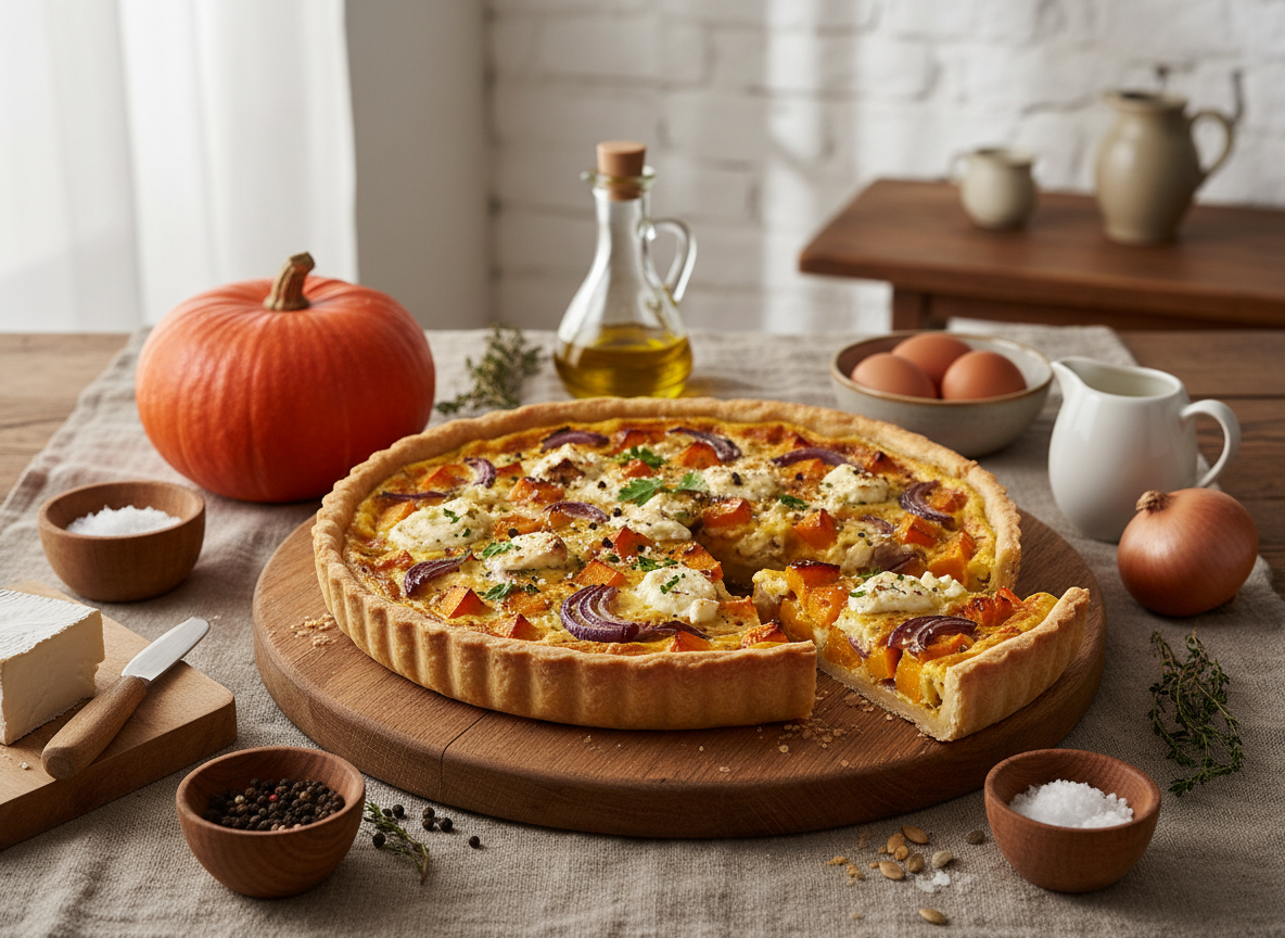 Herbstliche Quiche mit Kürbis und Ziegenkäse